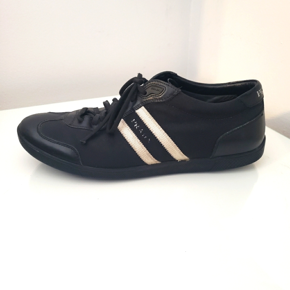 Prada Leather Canvas Nylon Black White Stripes Unisex Size 7 Size 4E